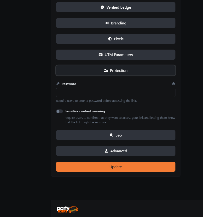 Configuración personalizada de acceso en PartyFlyers